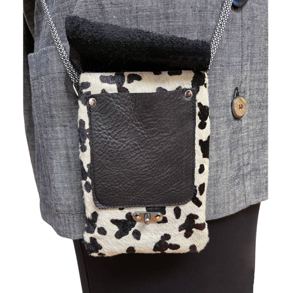 Black and White Hair-On Leather Phone Bag - Crossbody Purse with Pockets