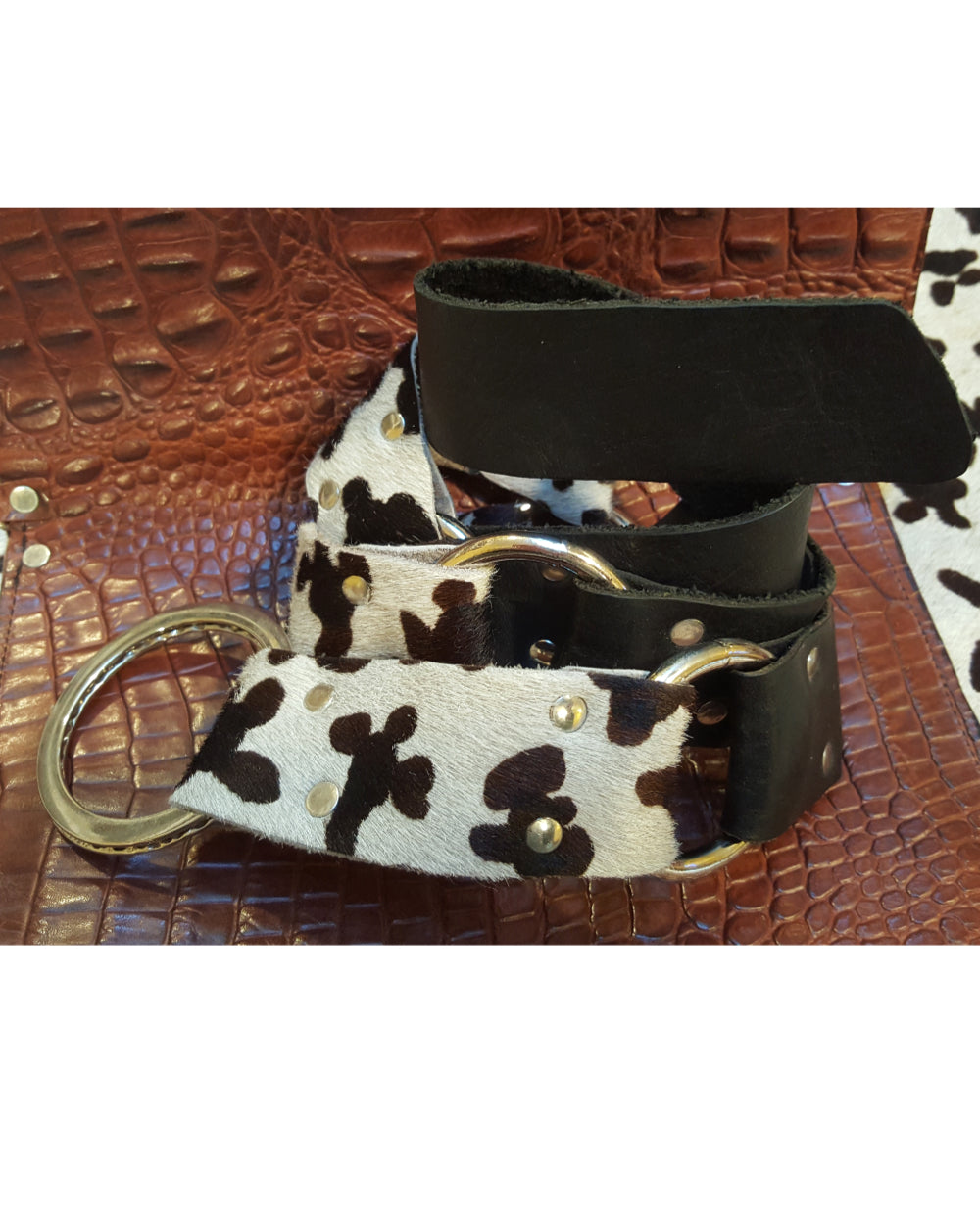 Black White Hair-On Cowhide Leather Belt with Steel Rings - 1.5 Inch Women's Statement Belt