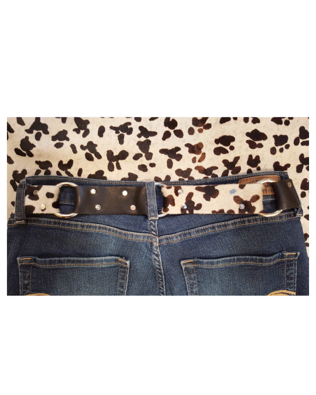 Black White Hair-On Cowhide Leather Belt with Steel Rings - 1.5 Inch Women's Statement Belt