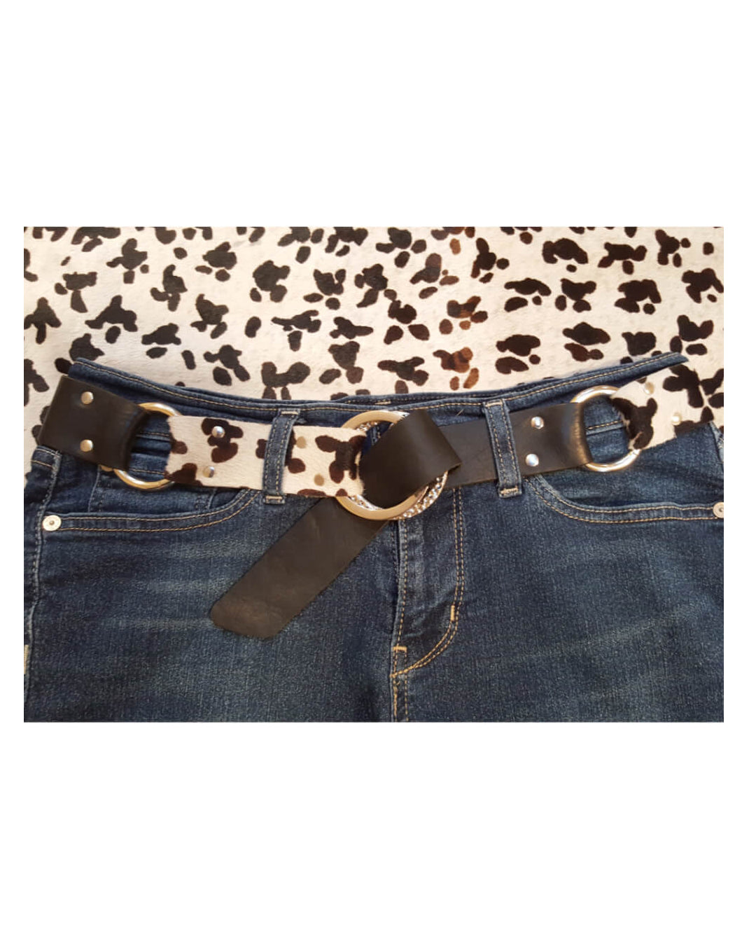 Black White Hair-On Cowhide Leather Belt with Steel Rings - 1.5 Inch Women's Statement Belt