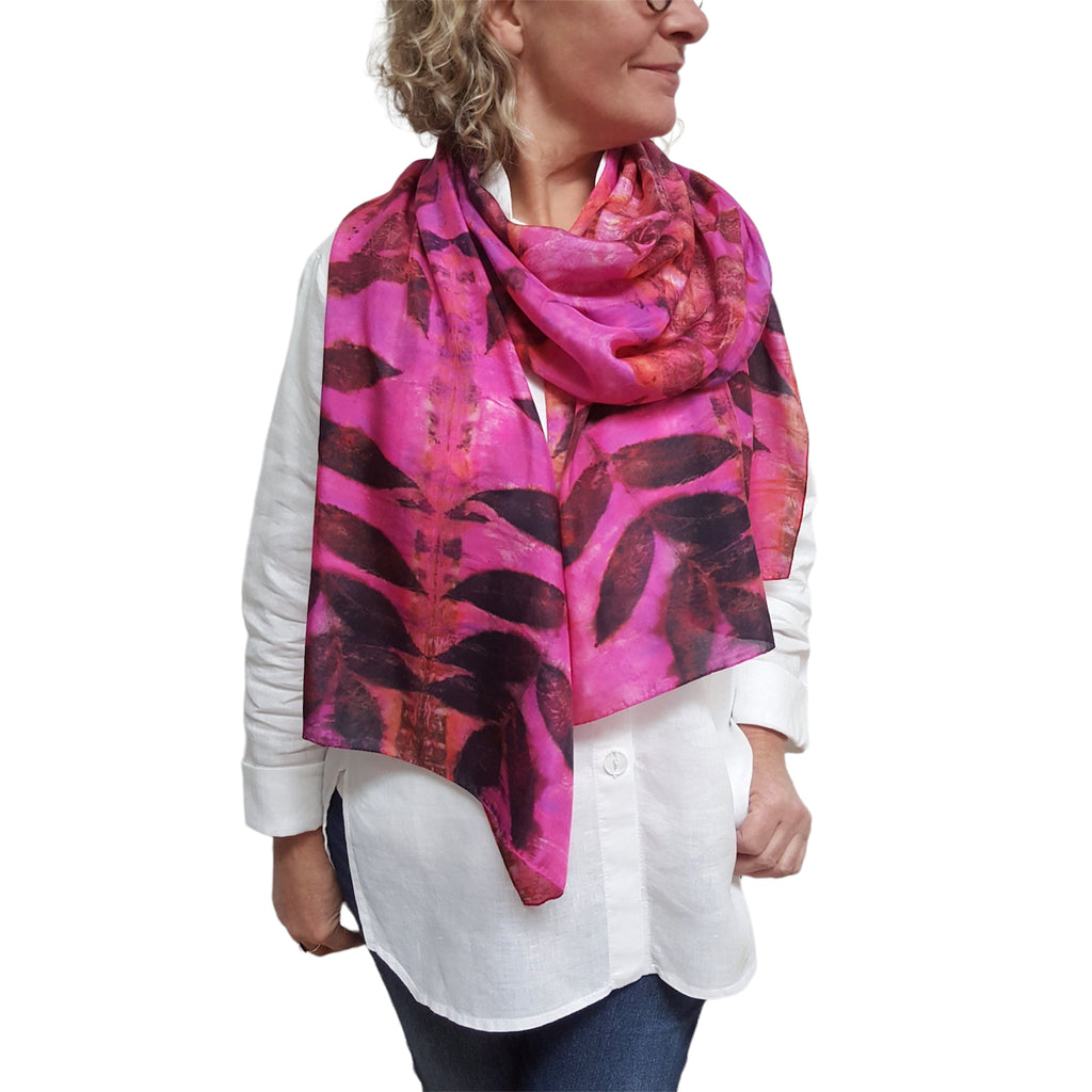 Pink silk scarf: Black walnut eco print