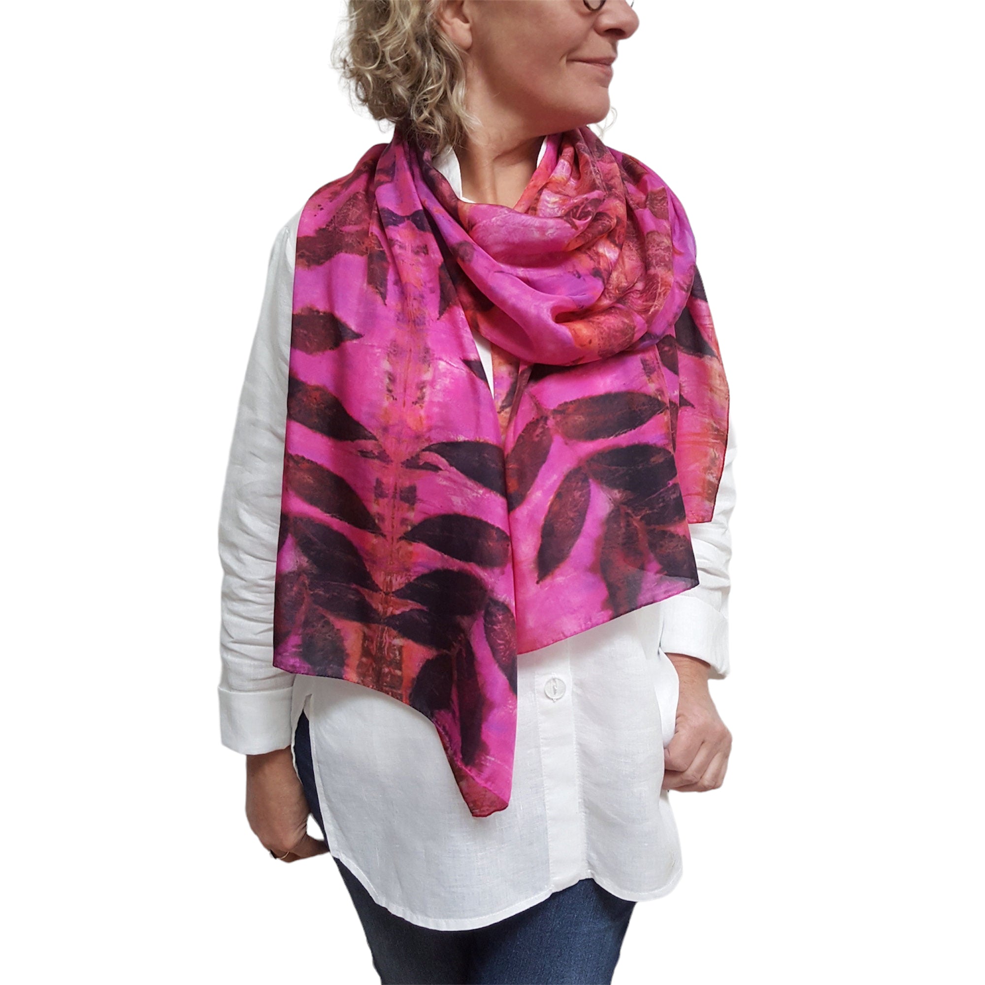 Pink silk scarf: Black walnut eco print