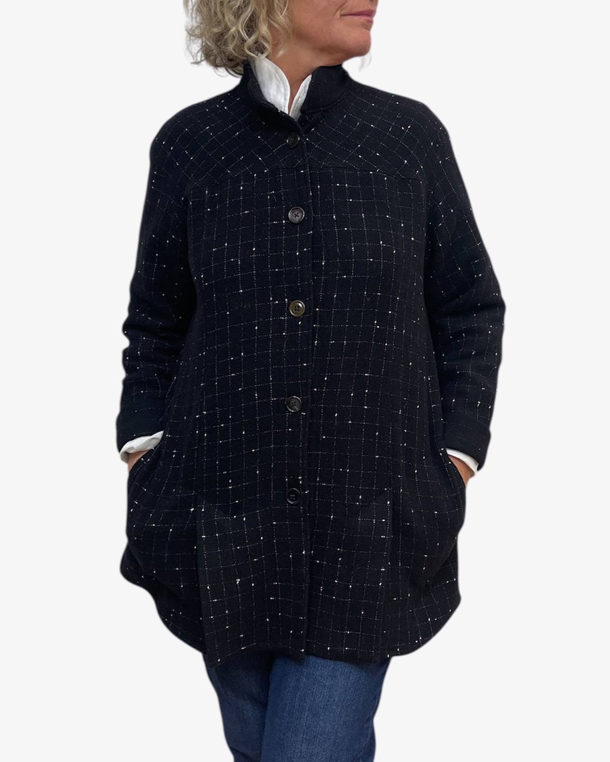 Four Vent A-Line Black and White Checkered Wool Blend Jacket