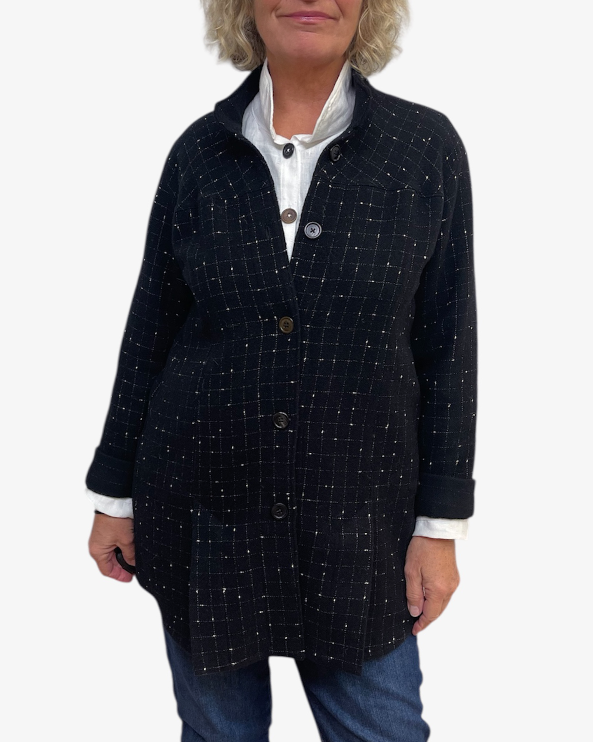 Four Vent A-Line Black and White Checkered Wool Blend Jacket