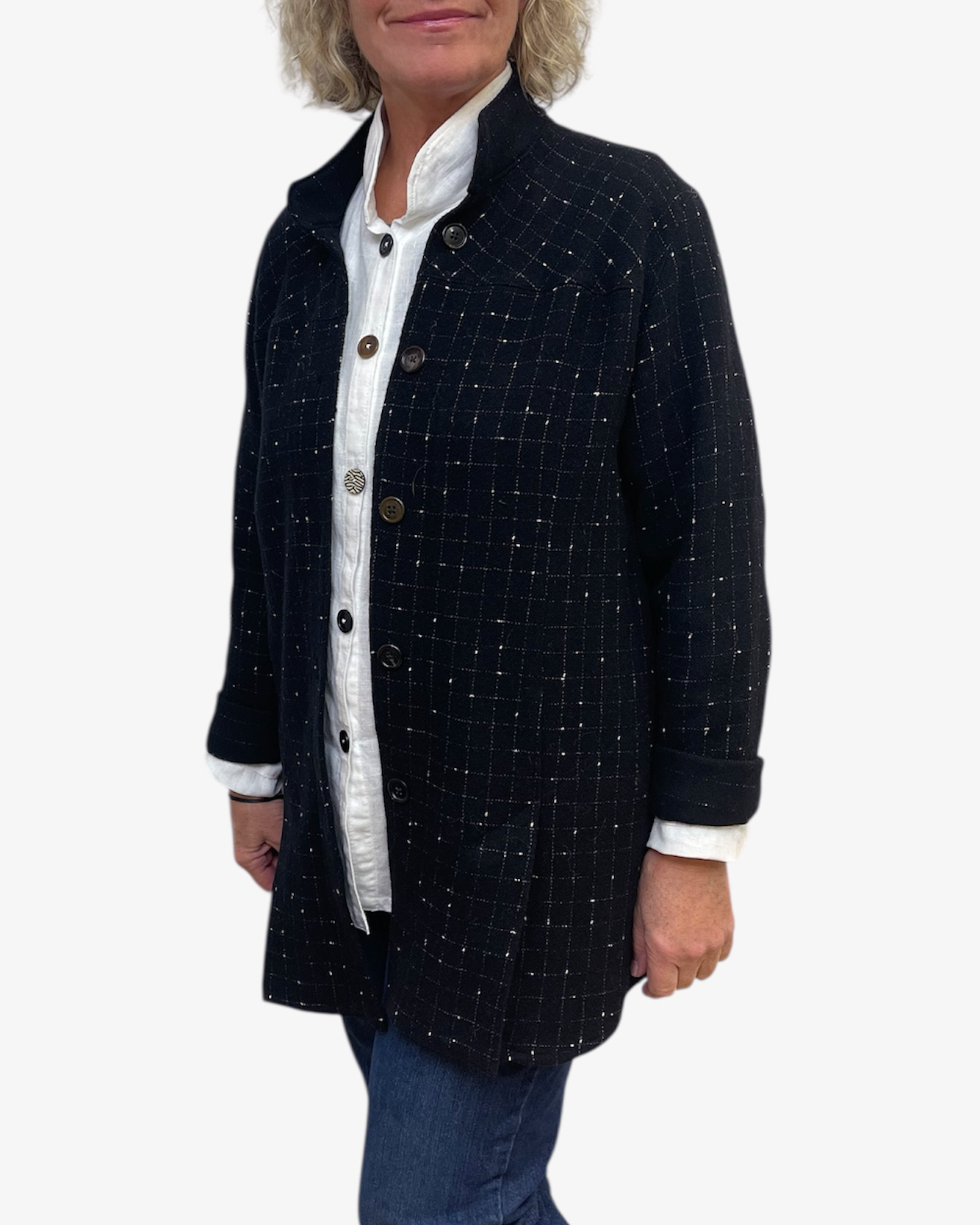 Four Vent A-Line Black and White Checkered Wool Blend Jacket