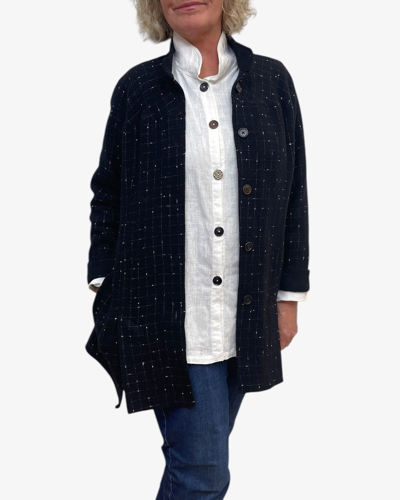 Four Vent A-Line Black and White Checkered Wool Blend Jacket
