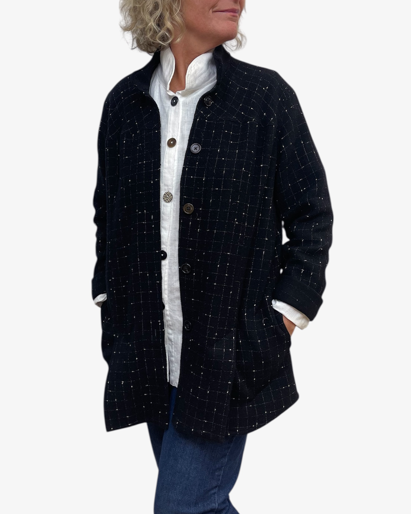 Four Vent A-Line Black and White Checkered Wool Blend Jacket
