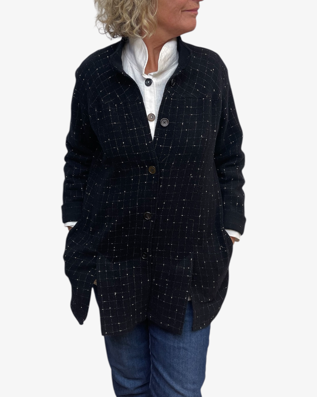 Four Vent A-Line Black and White Checkered Wool Blend Jacket