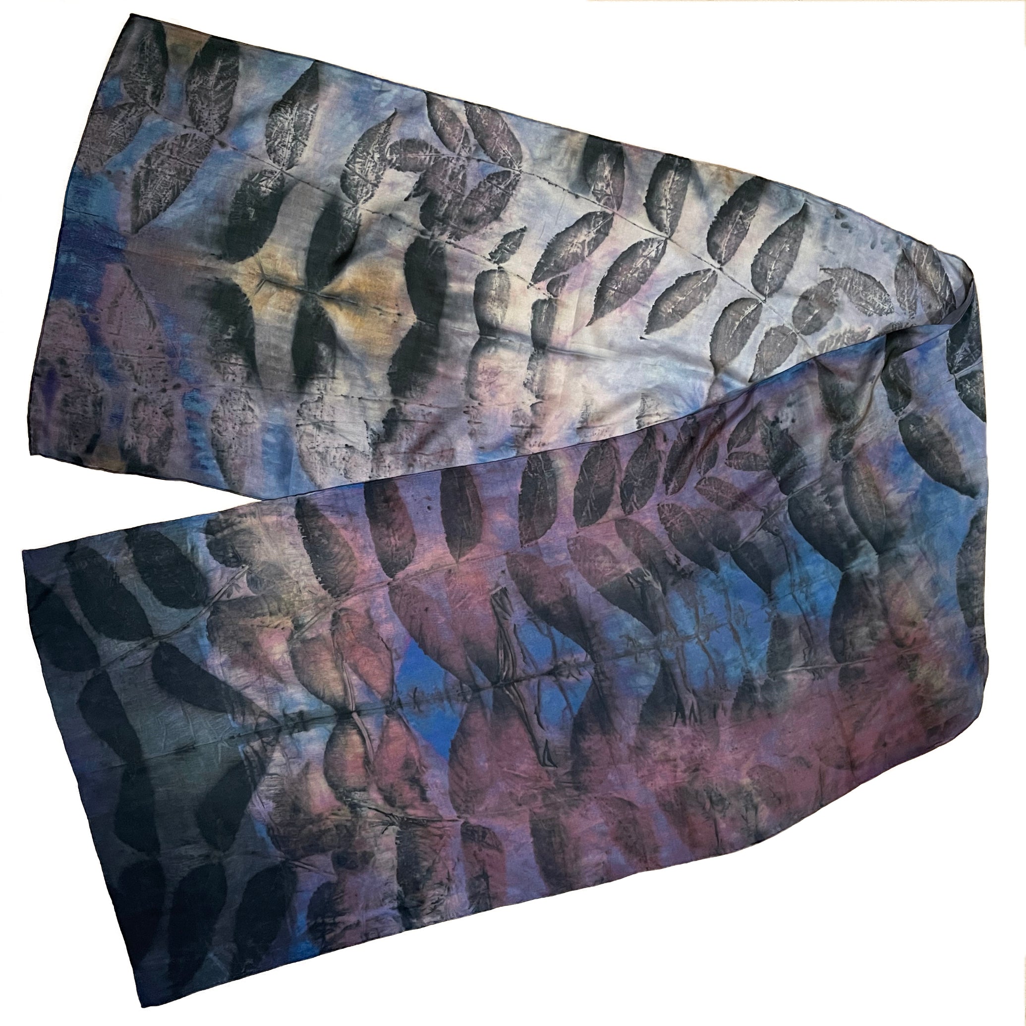 Blue purple eco printed silk scarf | Hand dyed black walnut imprint