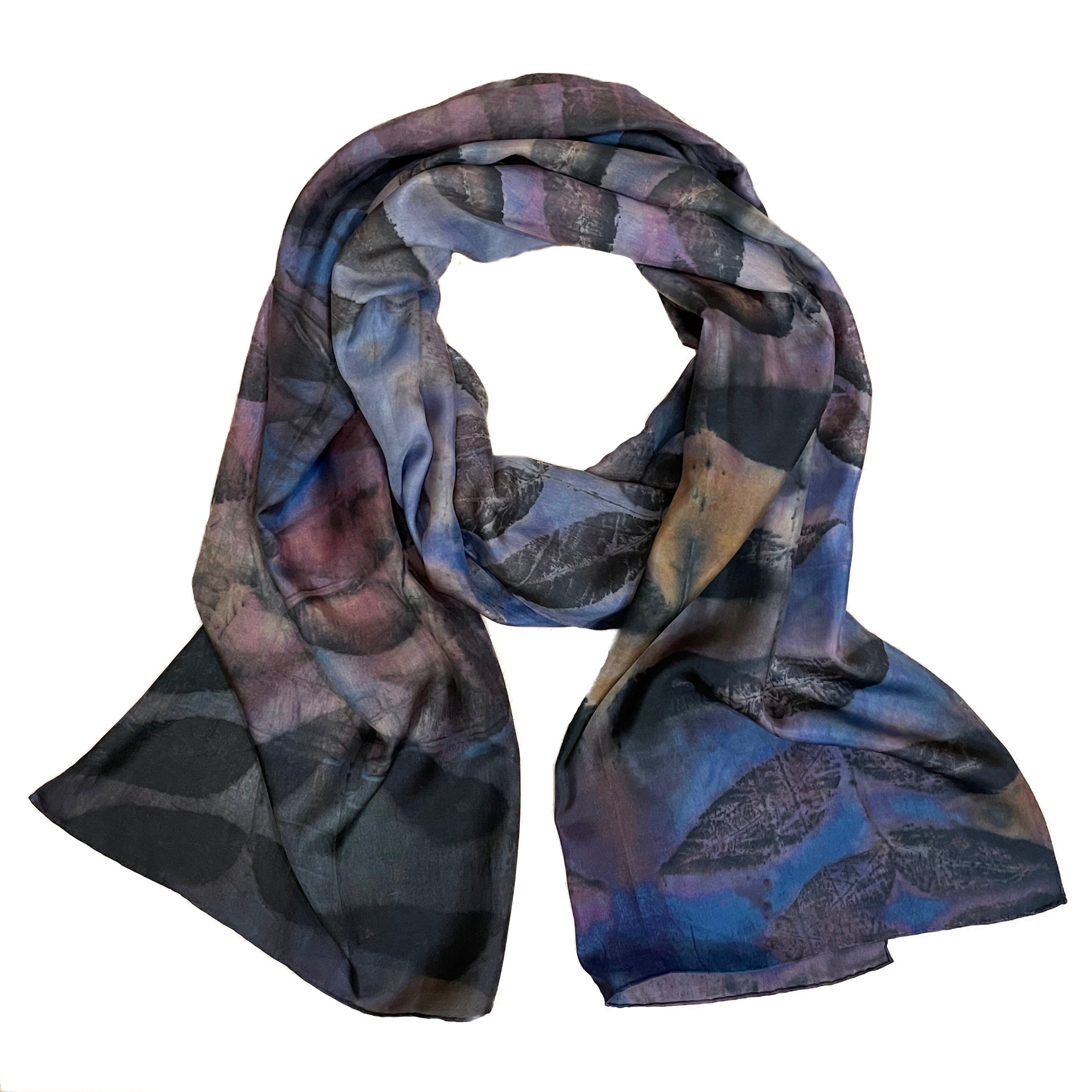 Blue purple eco printed silk scarf | Hand dyed black walnut imprint