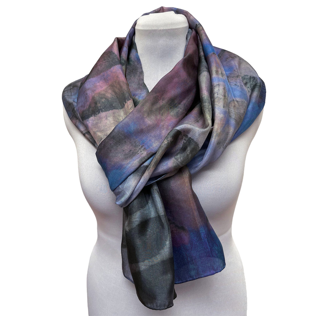 Blue purple eco printed silk scarf | Hand dyed black walnut imprint