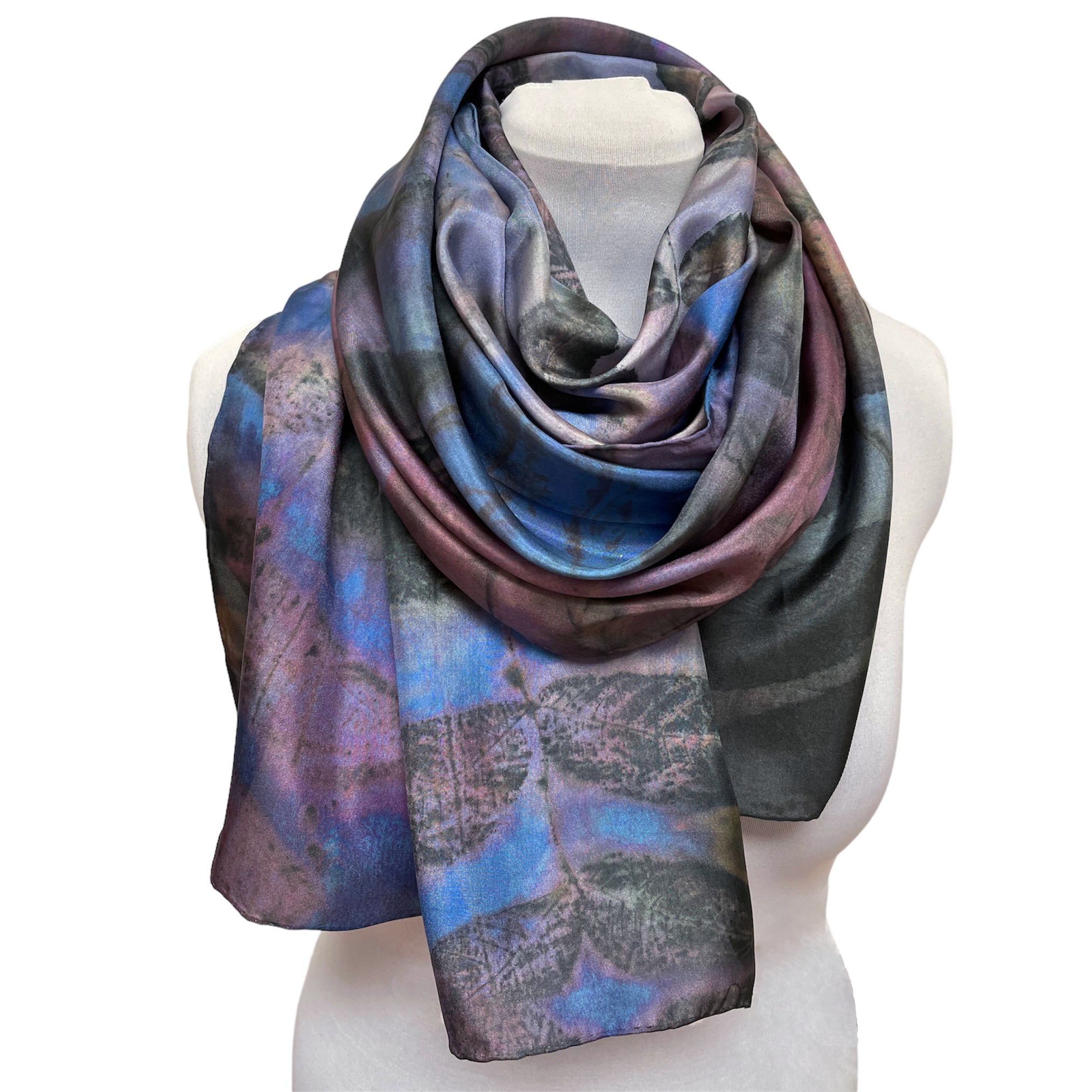 Blue purple eco printed silk scarf | Hand dyed black walnut imprint