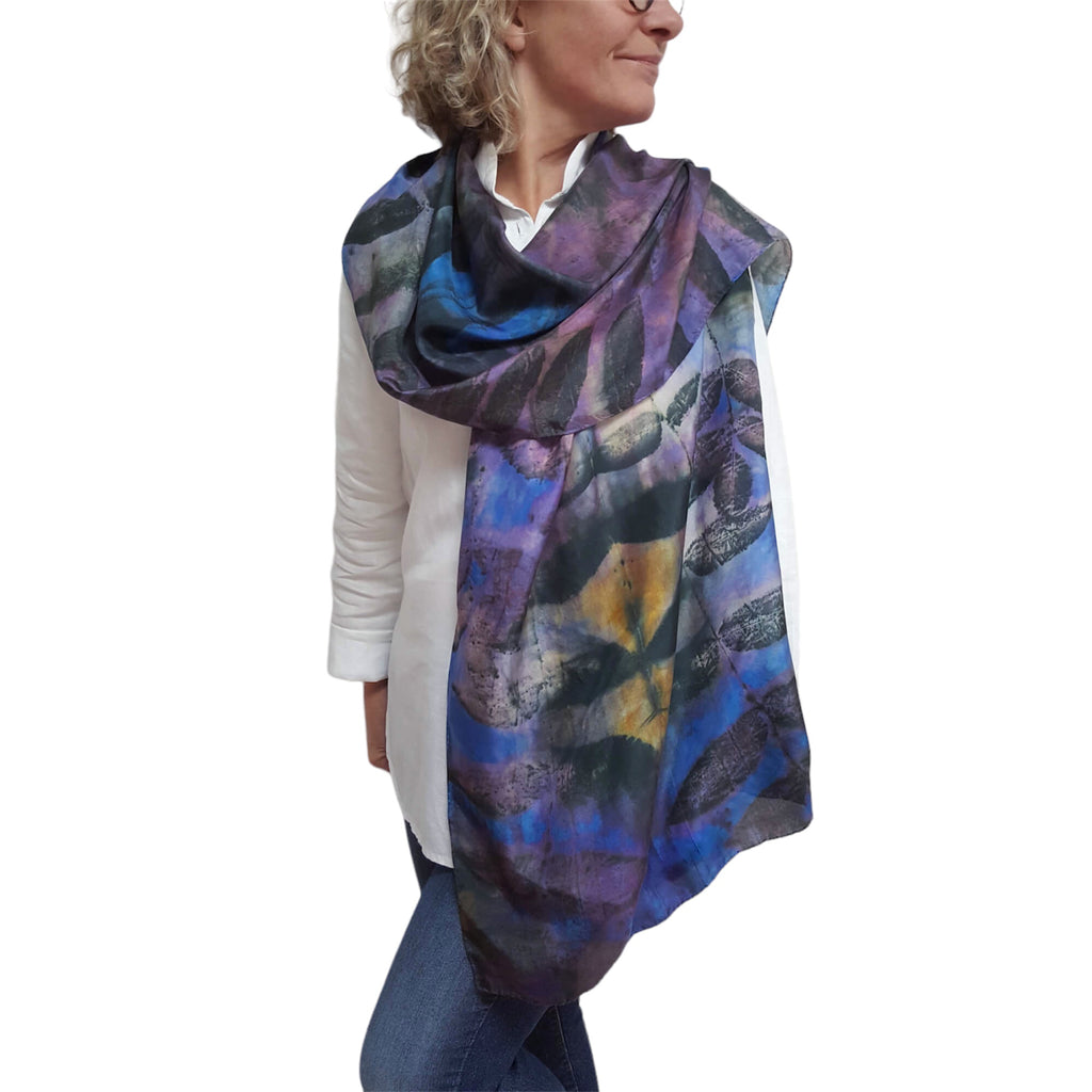 Blue purple eco printed silk scarf | Hand dyed black walnut imprint