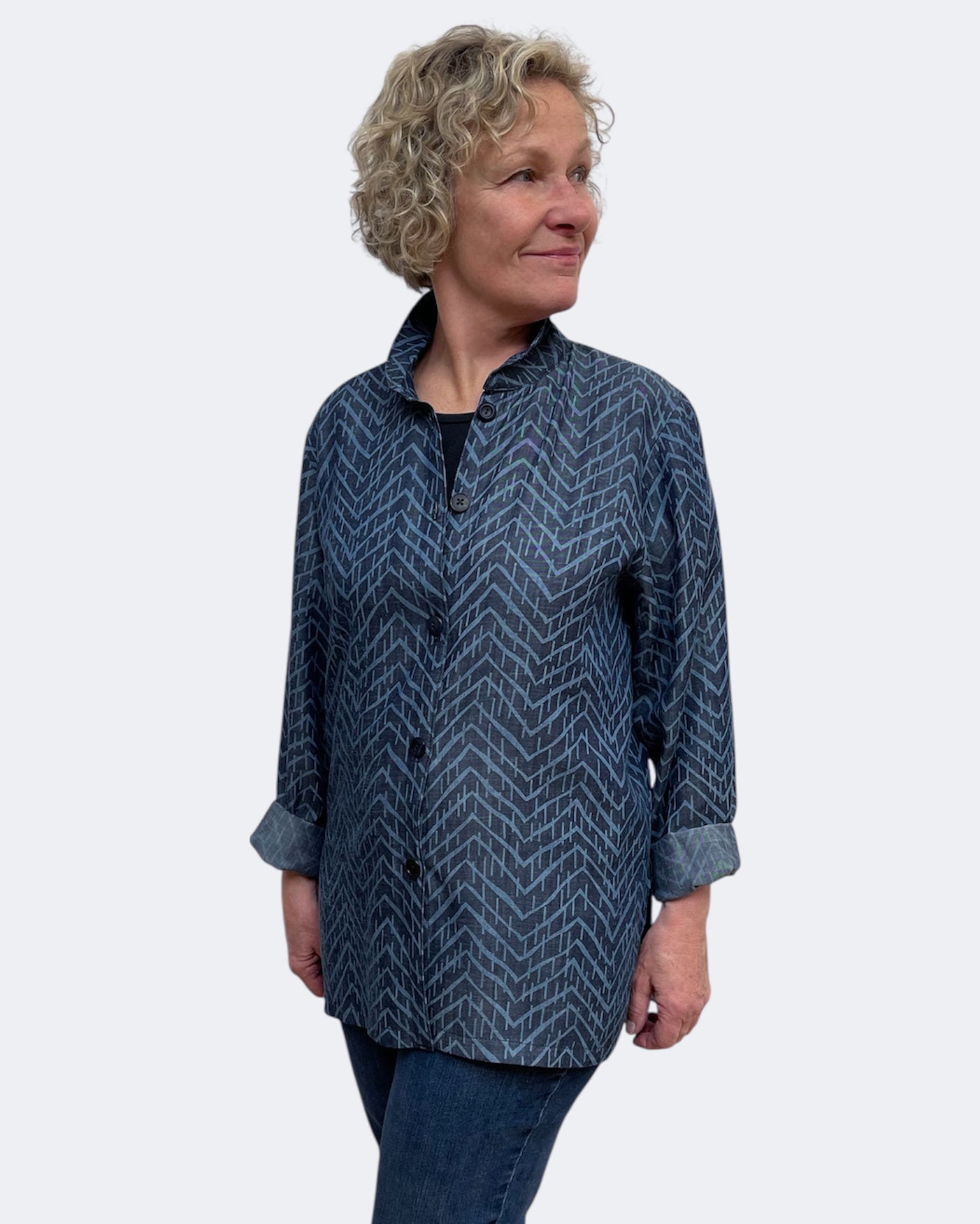 Blue Cotton/Tencel Geometric Big Shirt – Upcycled Buttons