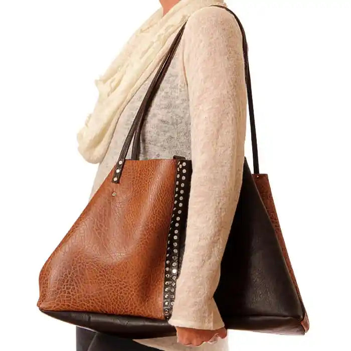 Brown Black Cowhide Rectangle Tote - Convertible Large Leather Bag