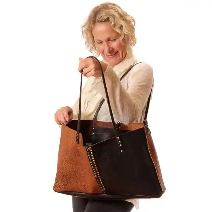 Brown Black Cowhide Rectangle Tote - Convertible Large Leather Bag