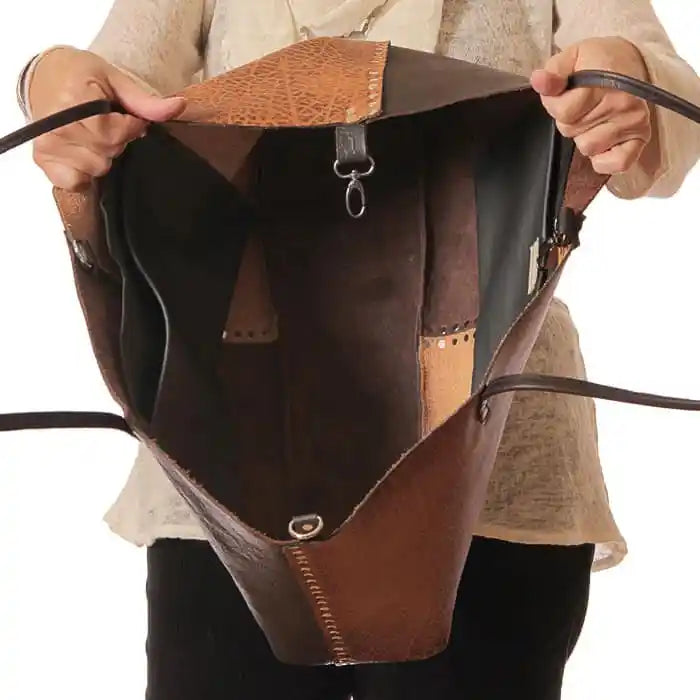 Brown Black Cowhide Rectangle Tote - Convertible Large Leather Bag