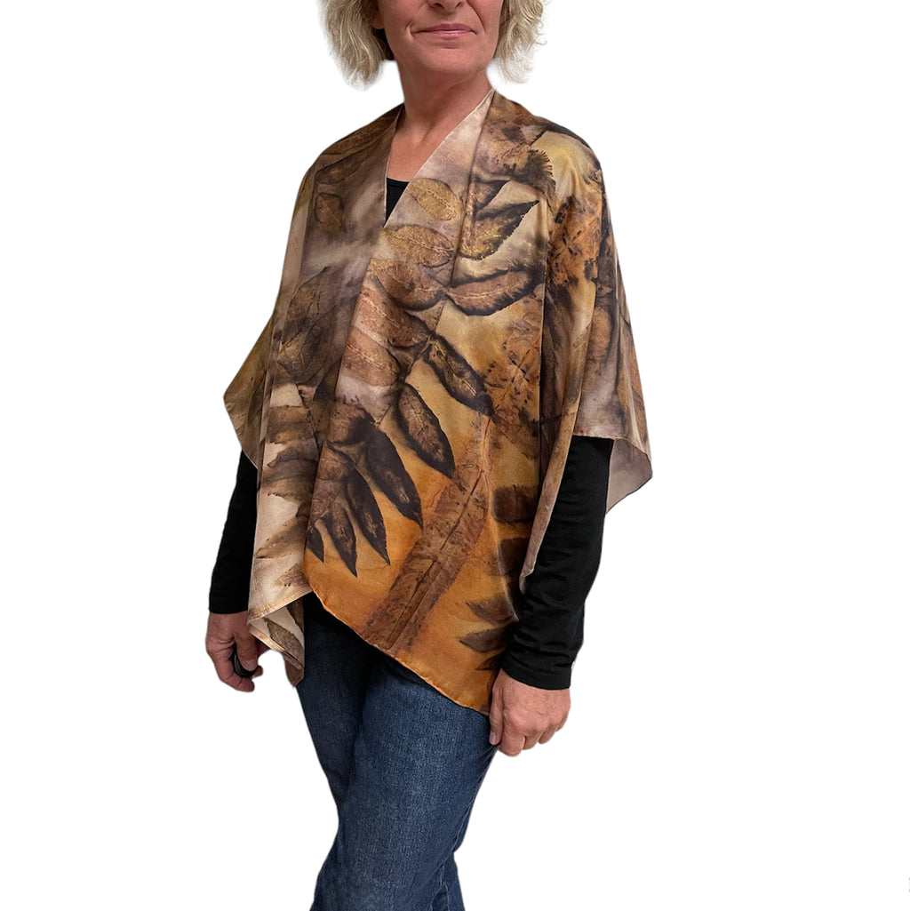 Black Walnut Silk Poncho: Eco-Print Art Wear