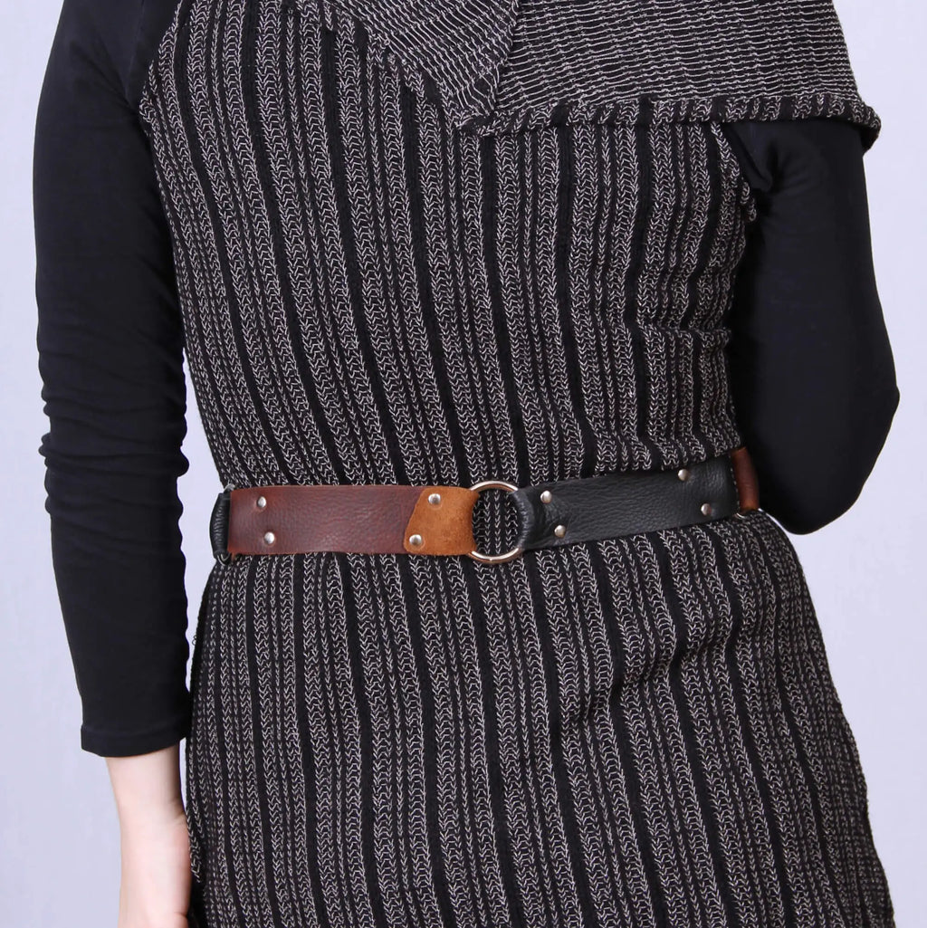 Brown and Black Buffalo Belt - 6-Strand Front Strap with Silver Rings