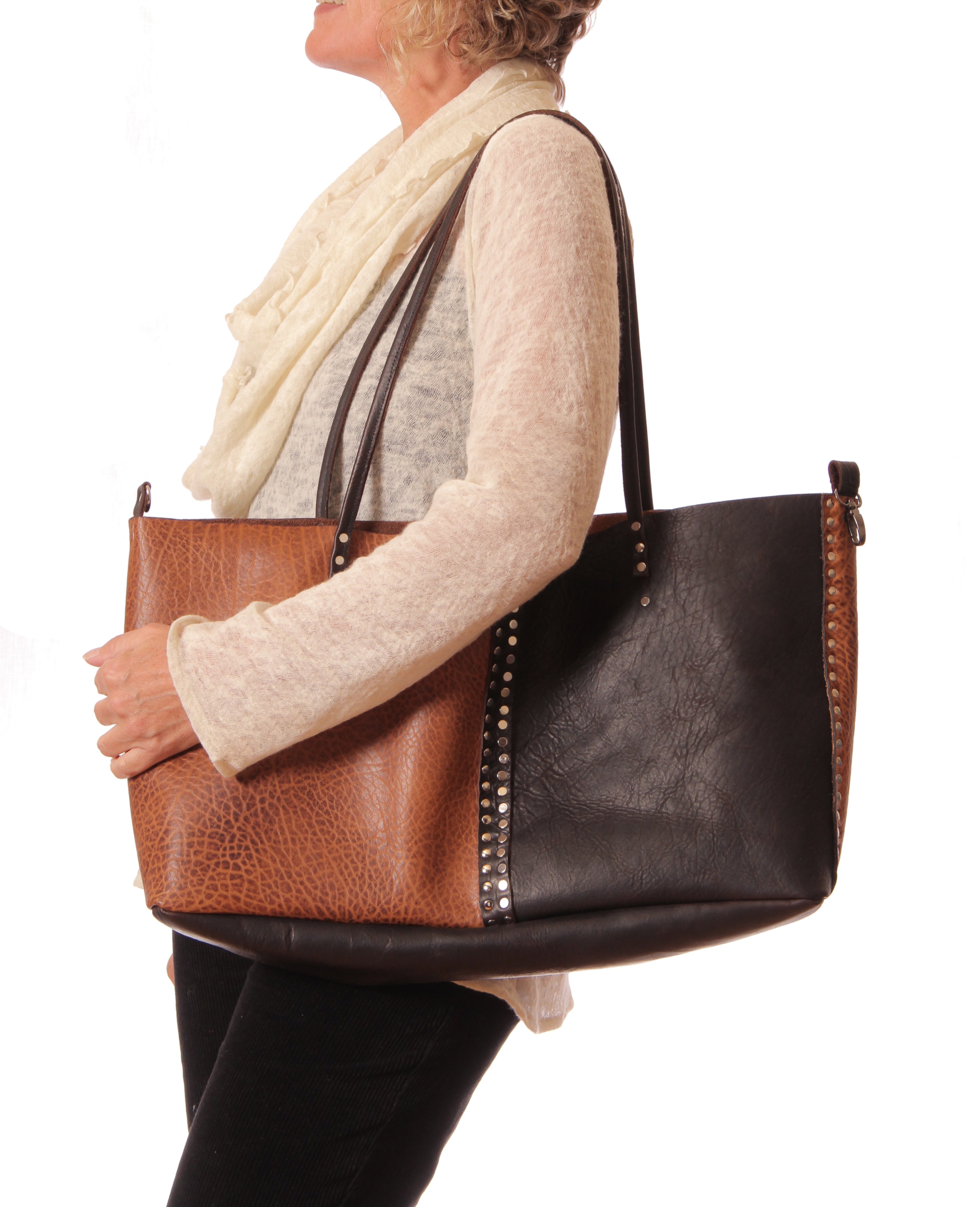 Brown Black Cowhide Rectangle Tote - Convertible Large Leather Bag