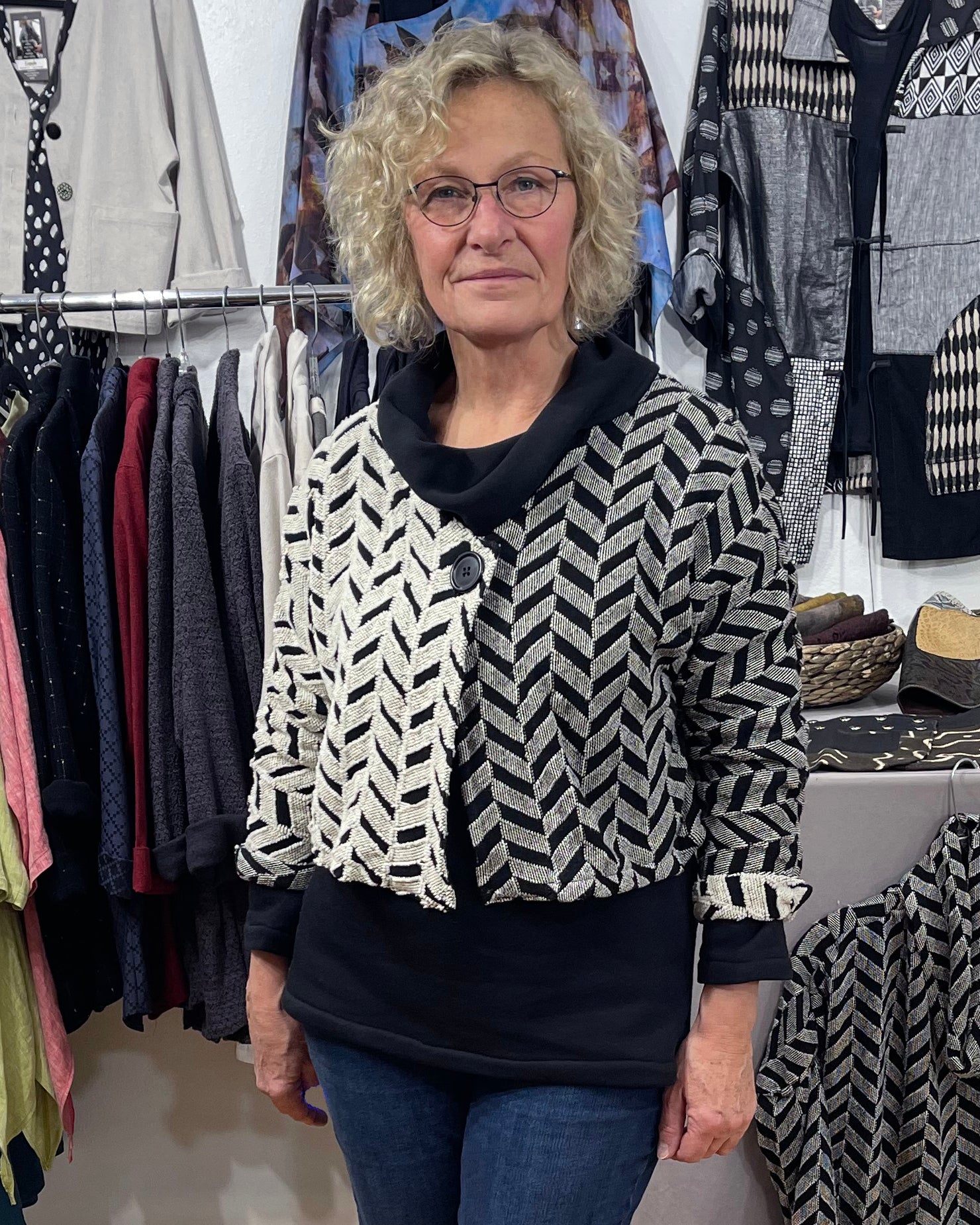 Beige Black Jacquard Cotton Bolero Jacket - Machine Washable Women's Layering Piece