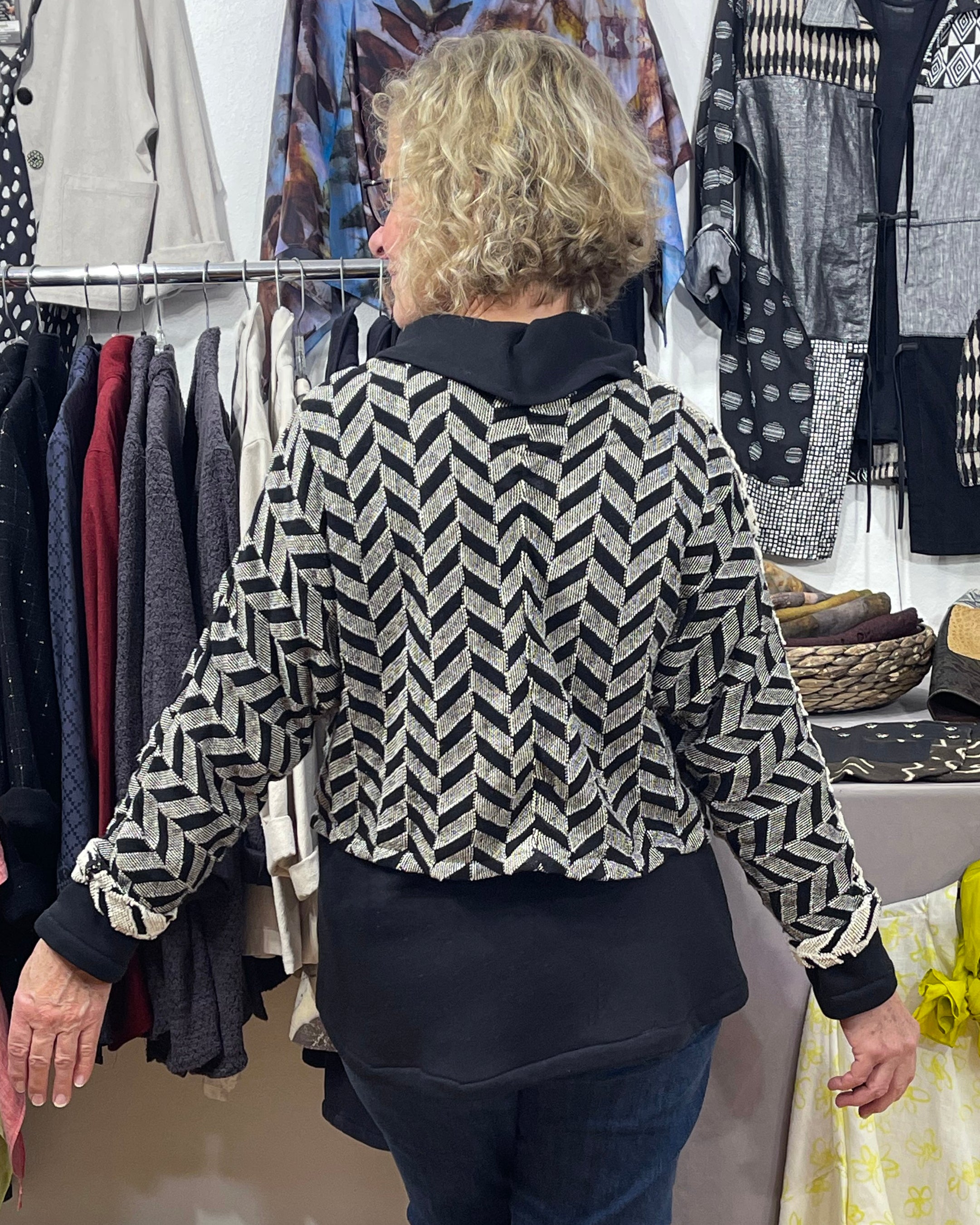 Beige Black Jacquard Cotton Bolero Jacket - Machine Washable Women's Layering Piece