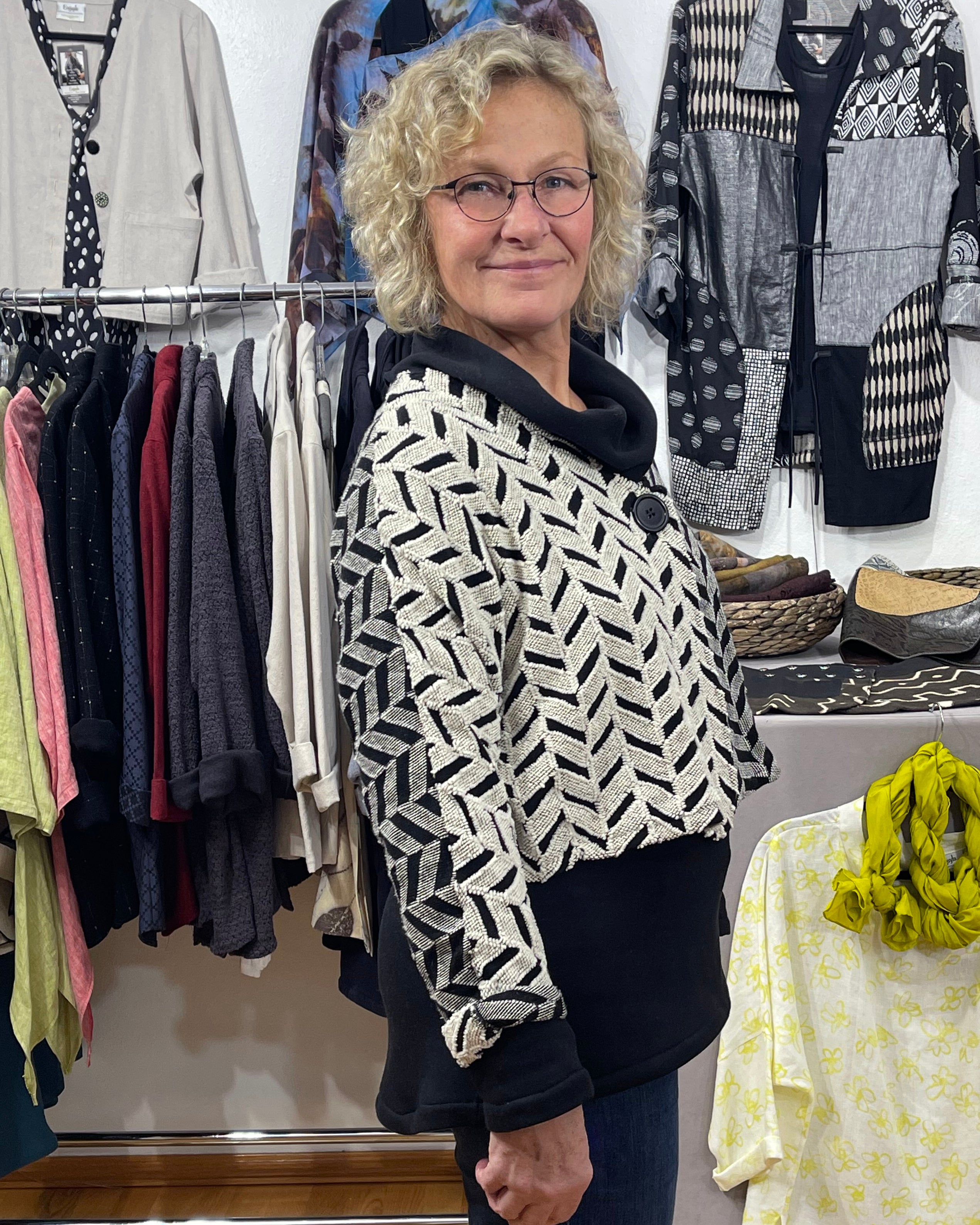 Beige Black Jacquard Cotton Bolero Jacket - Machine Washable Women's Layering Piece