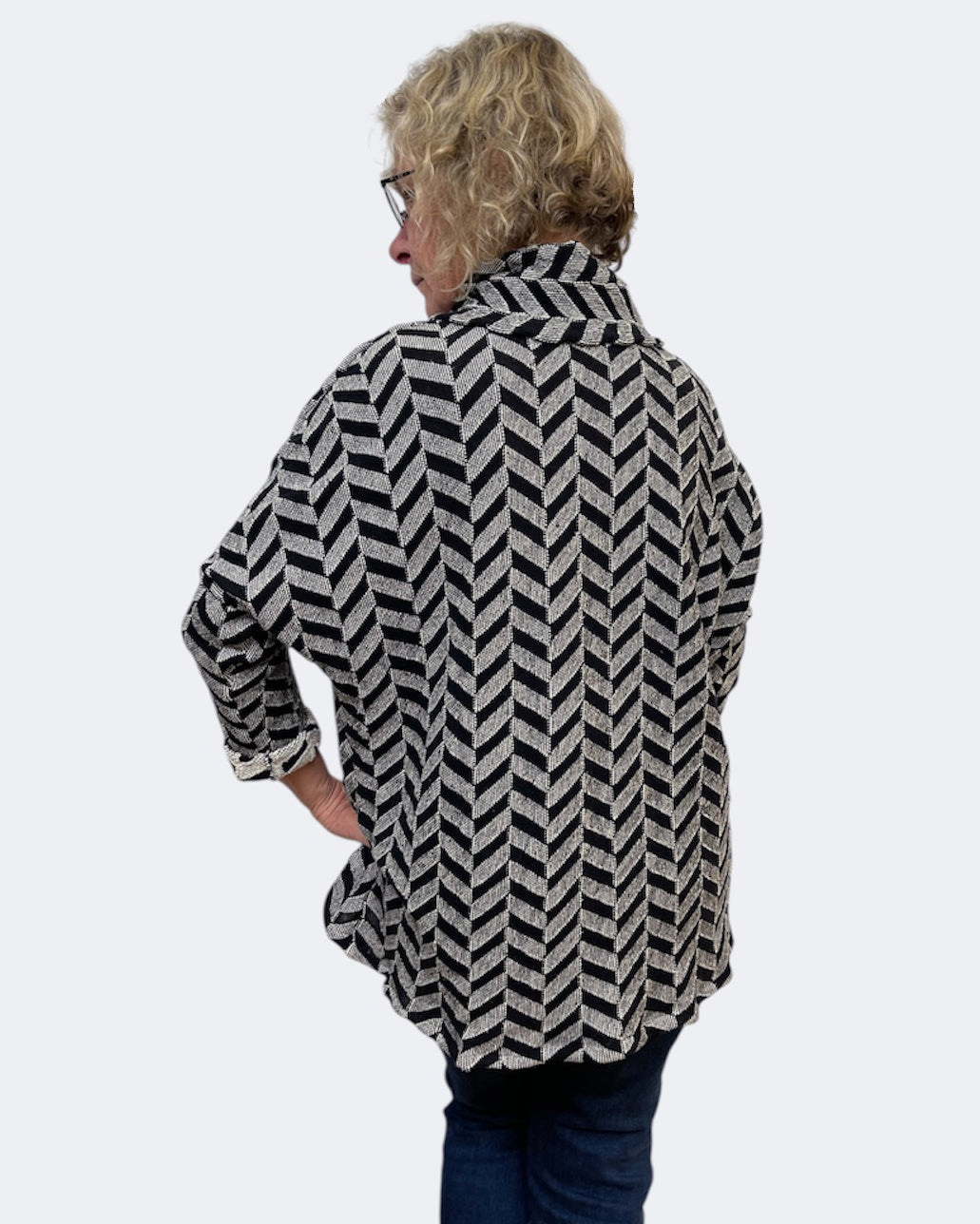 Black Cream Chevron Cotton Cowl Tunic - One Size Women's Statement Top