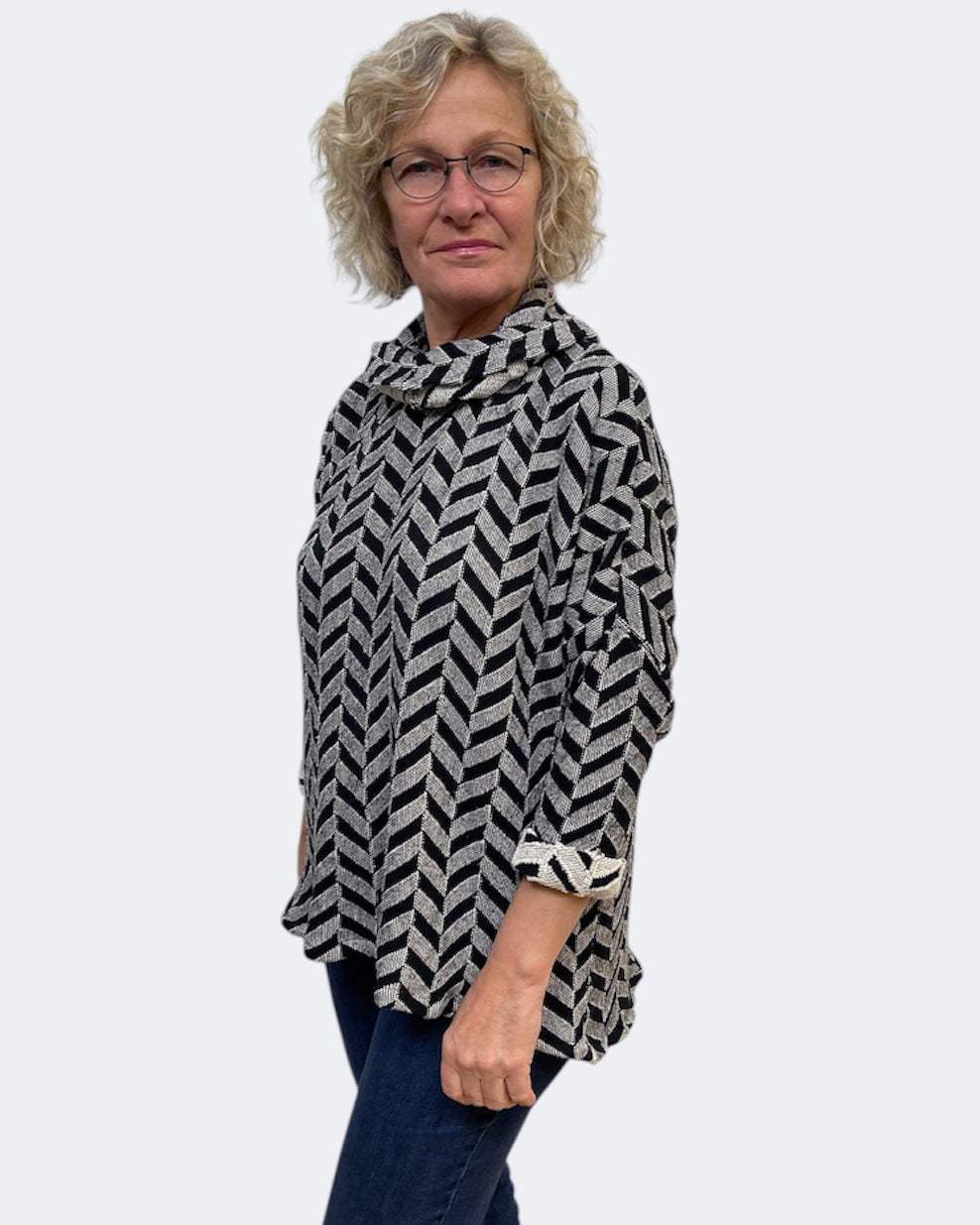 Black Cream Chevron Cotton Cowl Tunic - One Size Women's Statement Top
