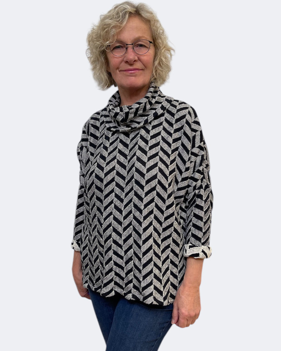 Black Cream Chevron Cotton Cowl Tunic - One Size Women's Statement Top