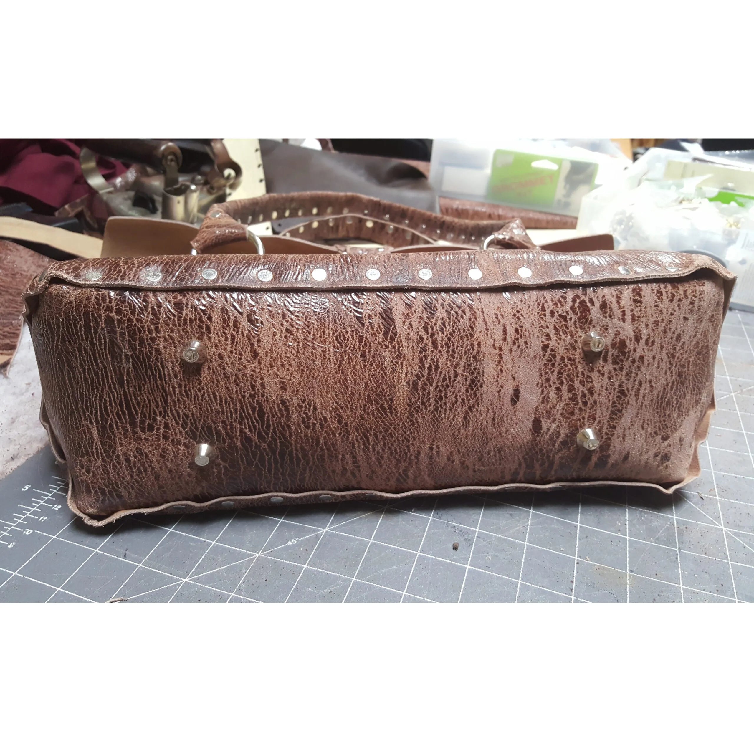 Brown Riveted Purse: Distressed Cowhide Everyday Bag