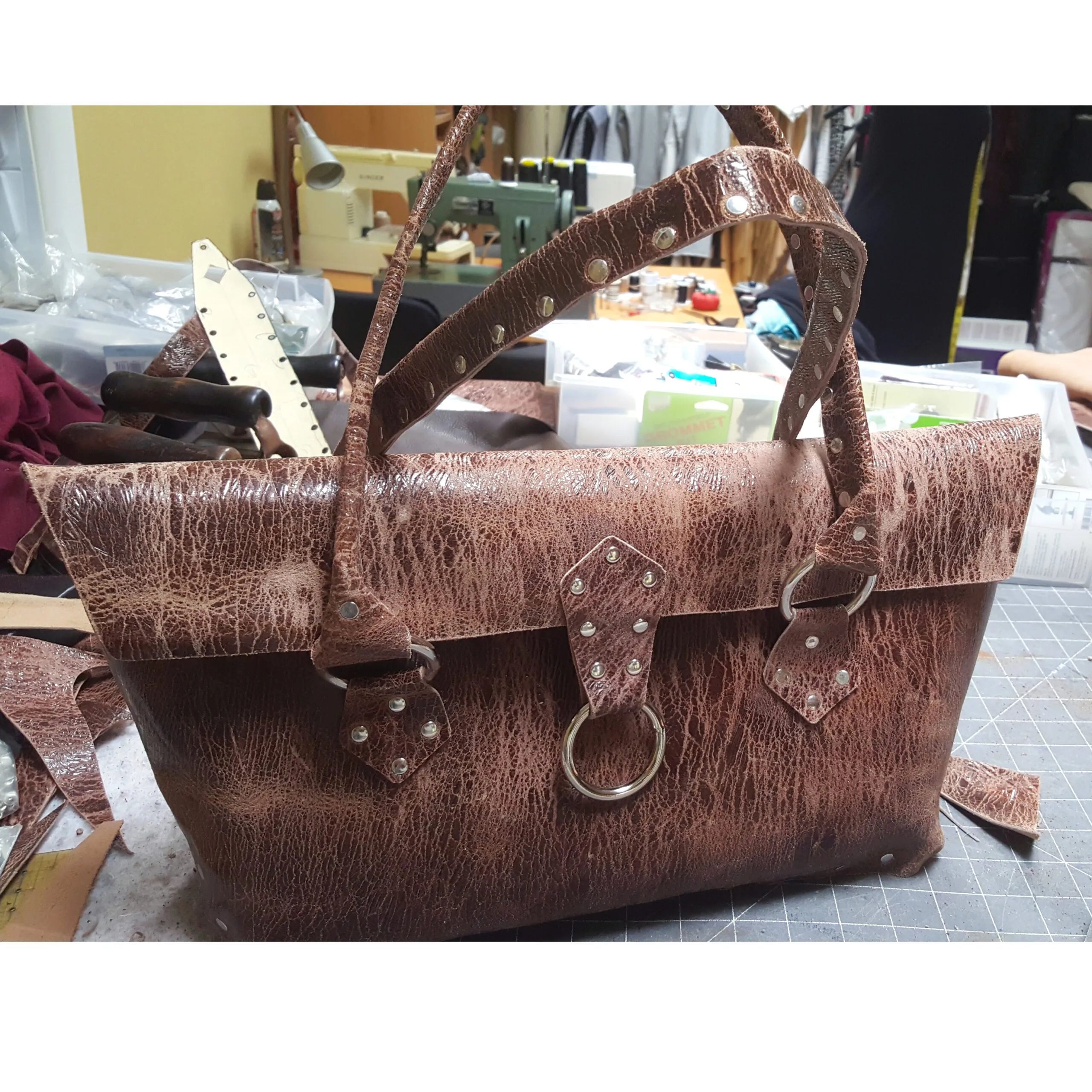 Brown Riveted Purse: Distressed Cowhide Everyday Bag