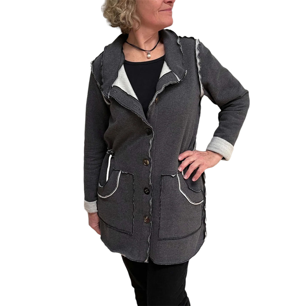 Dark Grey Cotton Fleece Drawstring Jacket - Adjustable Waist with Vintage Buttons