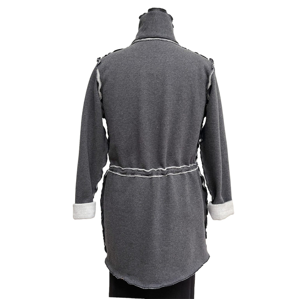 Dark Grey Cotton Fleece Drawstring Jacket - Adjustable Waist with Vintage Buttons