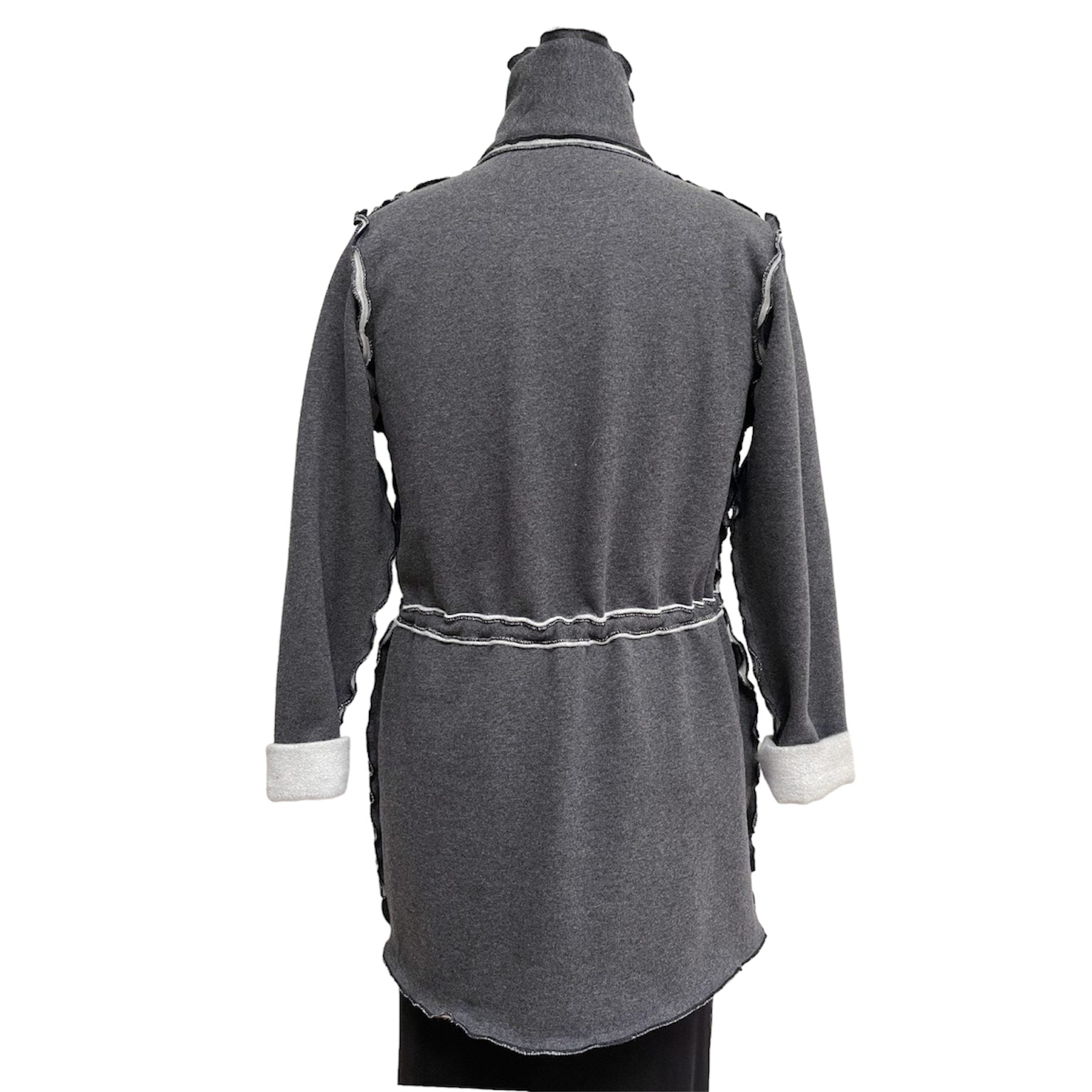 Dark Grey Cotton Fleece Drawstring Jacket - Adjustable Waist with Vintage Buttons