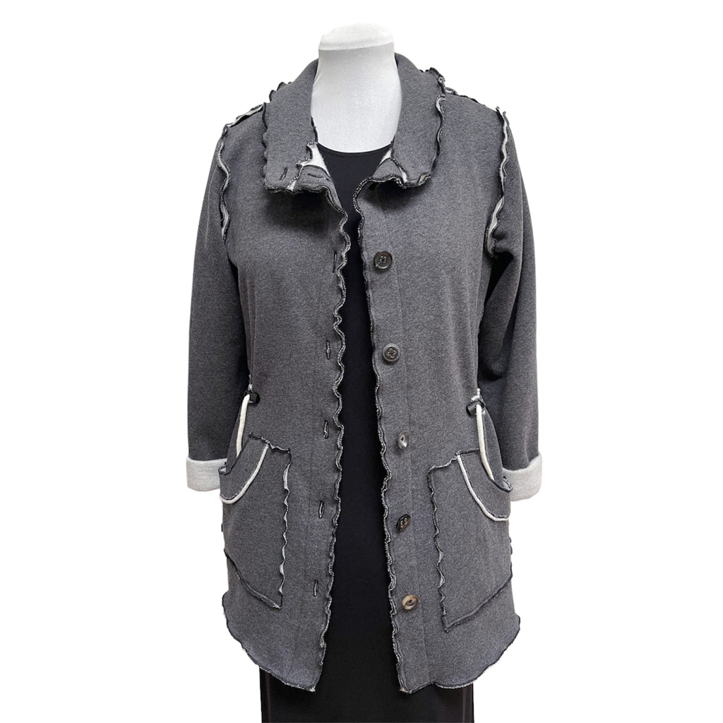 Dark Grey Cotton Fleece Drawstring Jacket - Adjustable Waist with Vintage Buttons