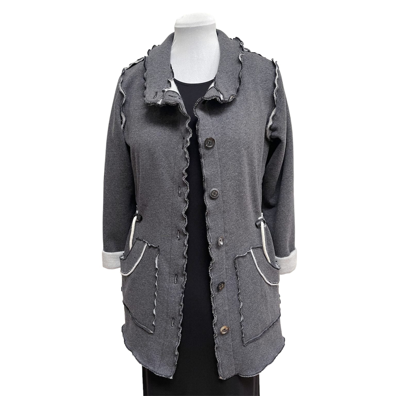 Dark Grey Cotton Fleece Drawstring Jacket - Adjustable Waist with Vintage Buttons