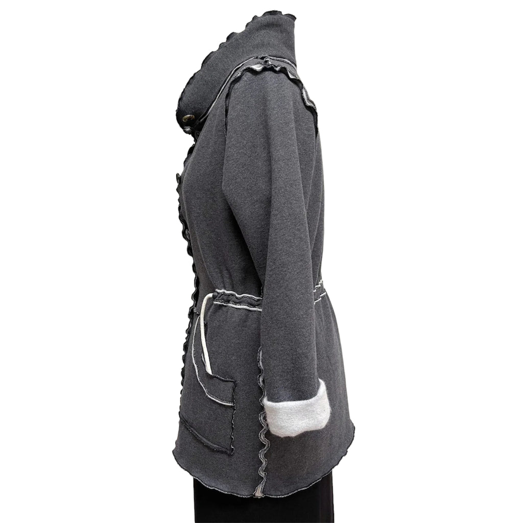 Dark Grey Cotton Fleece Drawstring Jacket - Adjustable Waist with Vintage Buttons