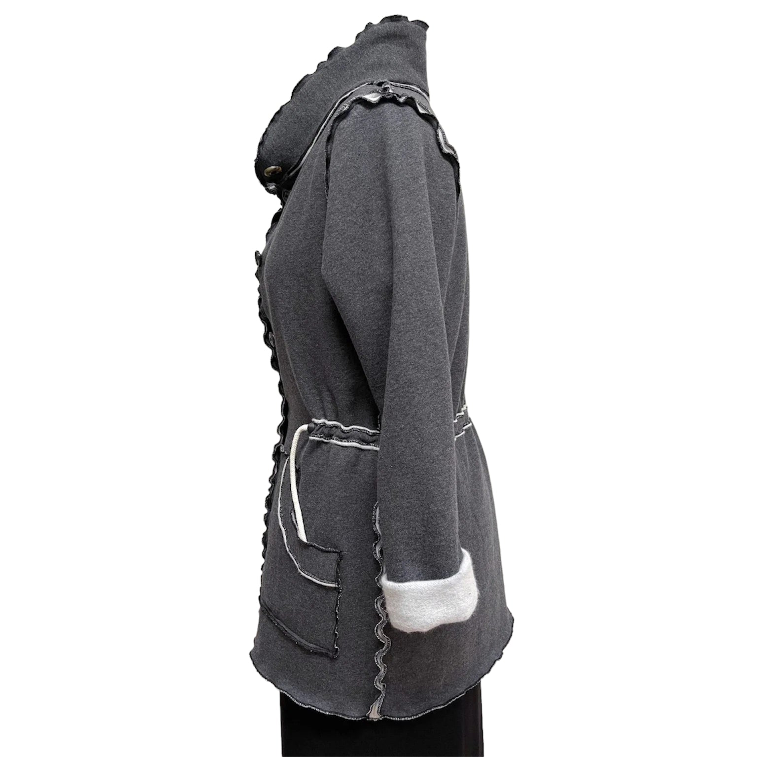 Dark Grey Cotton Fleece Drawstring Jacket - Adjustable Waist with Vintage Buttons