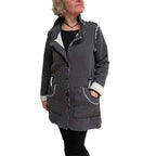 Dark Grey Cotton Fleece Drawstring Jacket - Adjustable Waist with Vintage Buttons