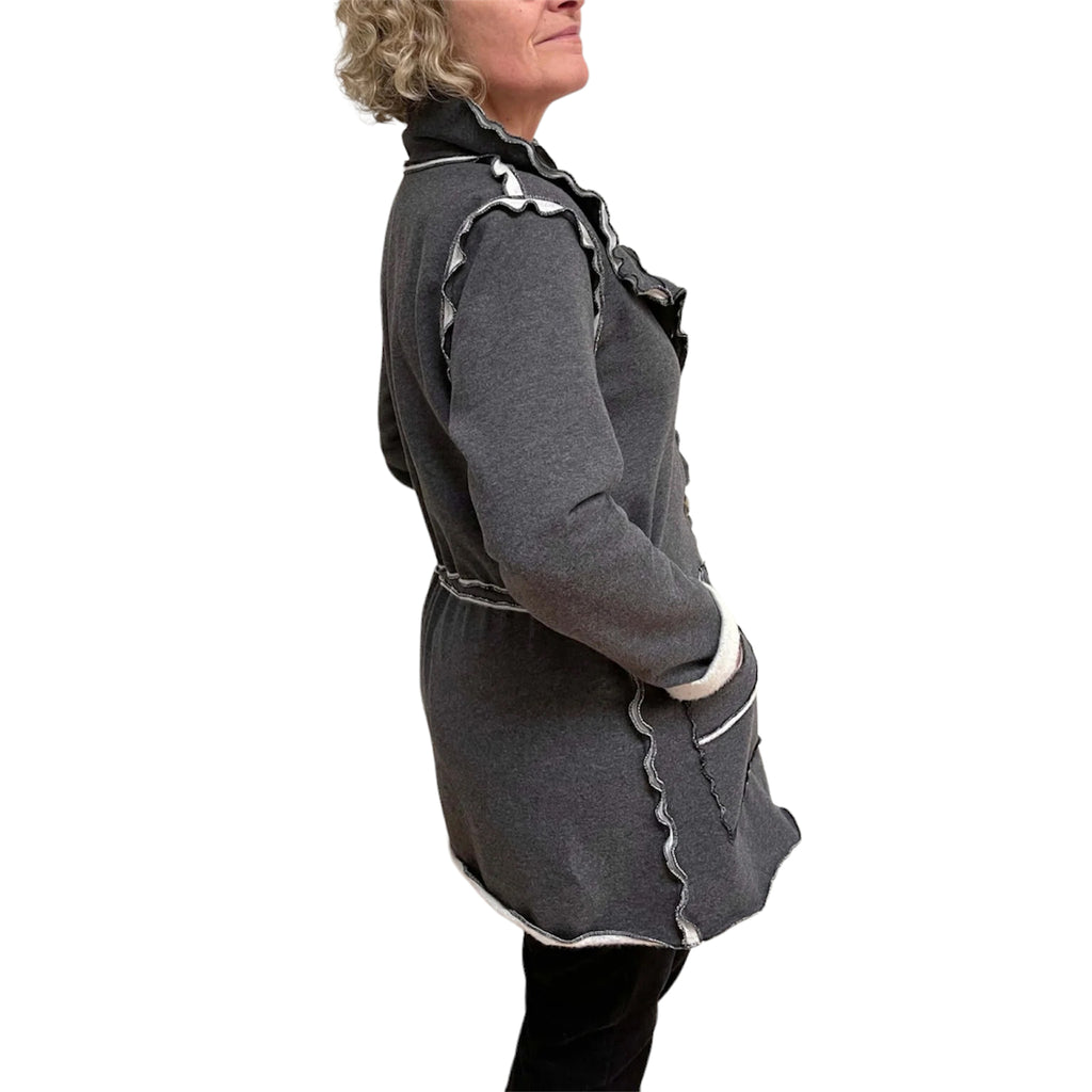 Dark Grey Cotton Fleece Drawstring Jacket - Adjustable Waist with Vintage Buttons