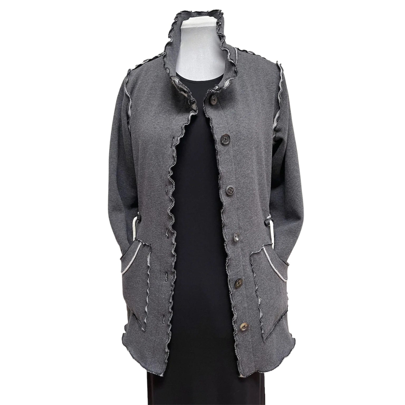 Dark Grey Cotton Fleece Drawstring Jacket - Adjustable Waist with Vintage Buttons