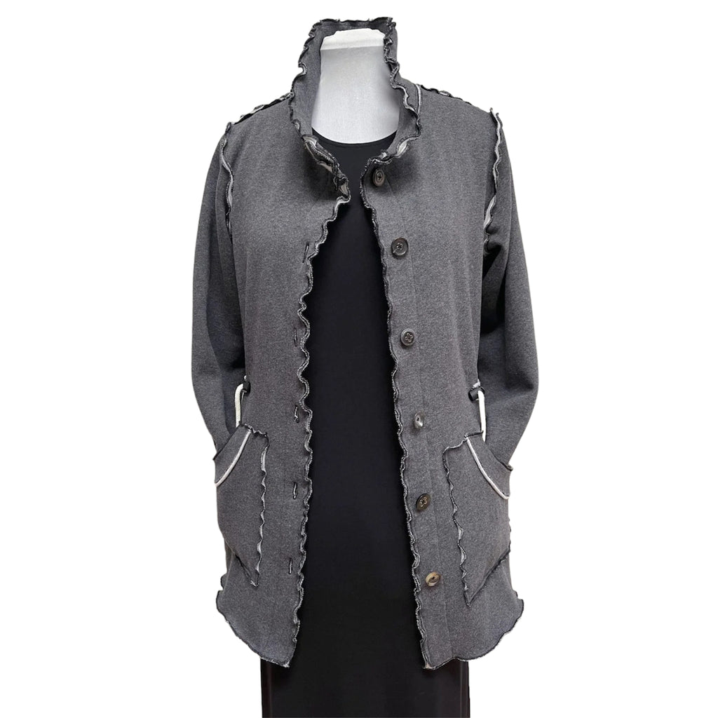 Dark Grey Cotton Fleece Drawstring Jacket - Adjustable Waist with Vintage Buttons