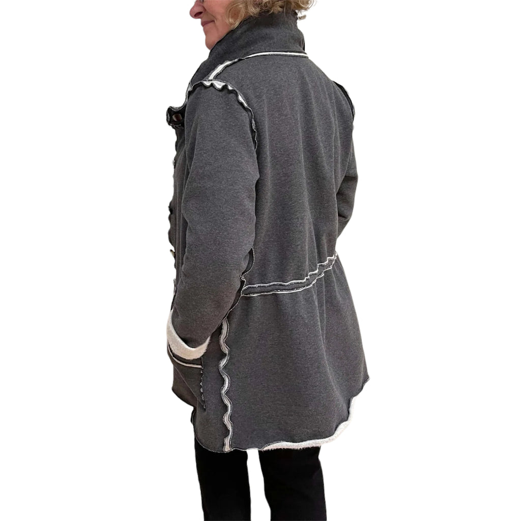 Dark Grey Cotton Fleece Drawstring Jacket - Adjustable Waist with Vintage Buttons