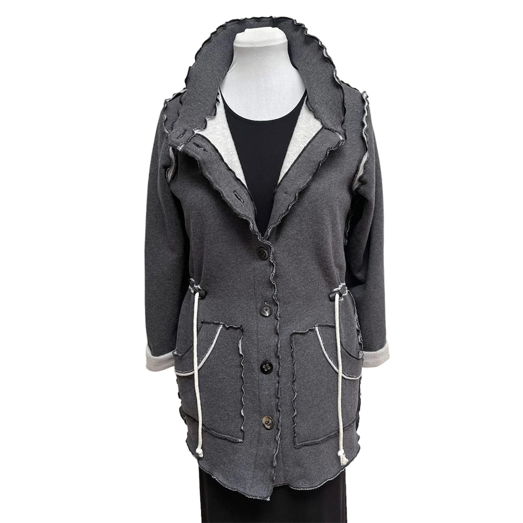 Dark Grey Cotton Fleece Drawstring Jacket - Adjustable Waist with Vintage Buttons