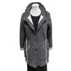 Dark Grey Cotton Fleece Drawstring Jacket - Adjustable Waist with Vintage Buttons