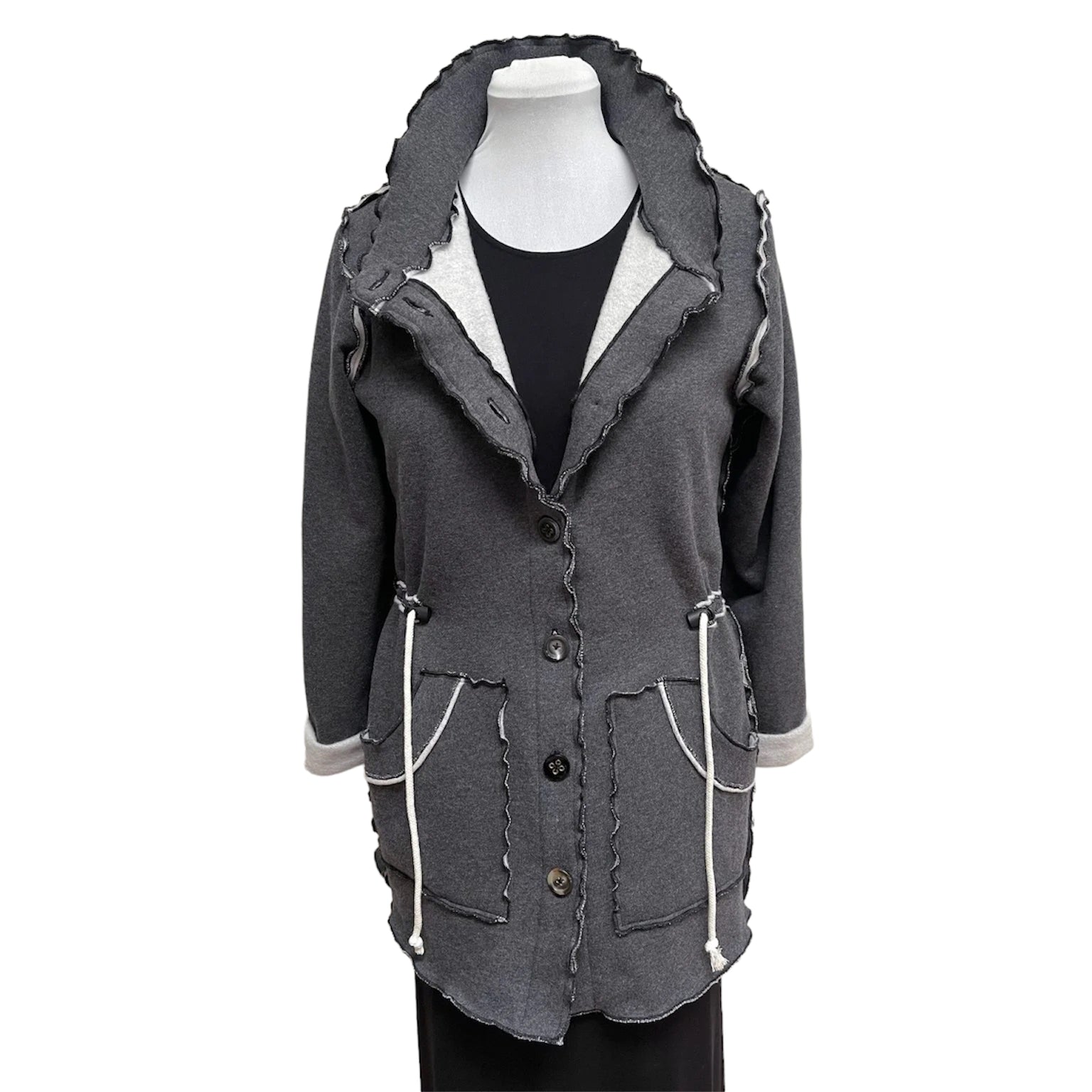 Dark Grey Cotton Fleece Drawstring Jacket - Adjustable Waist with Vintage Buttons