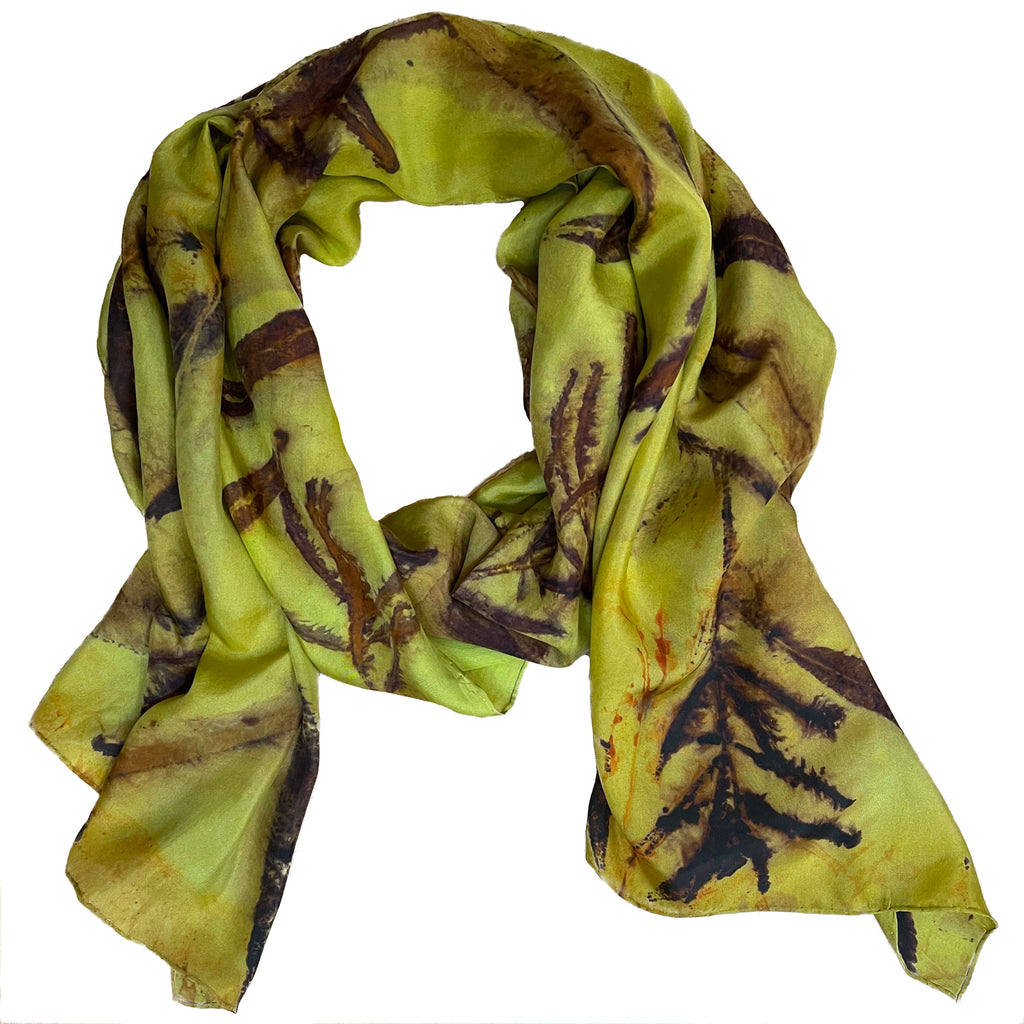 Fireweed Eco-Printed Silk Scarf - Hand Dyed Chartreuse Botanical