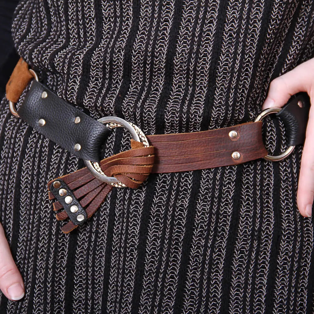 Brown and Black Buffalo Belt - 6-Strand Front Strap with Silver Rings