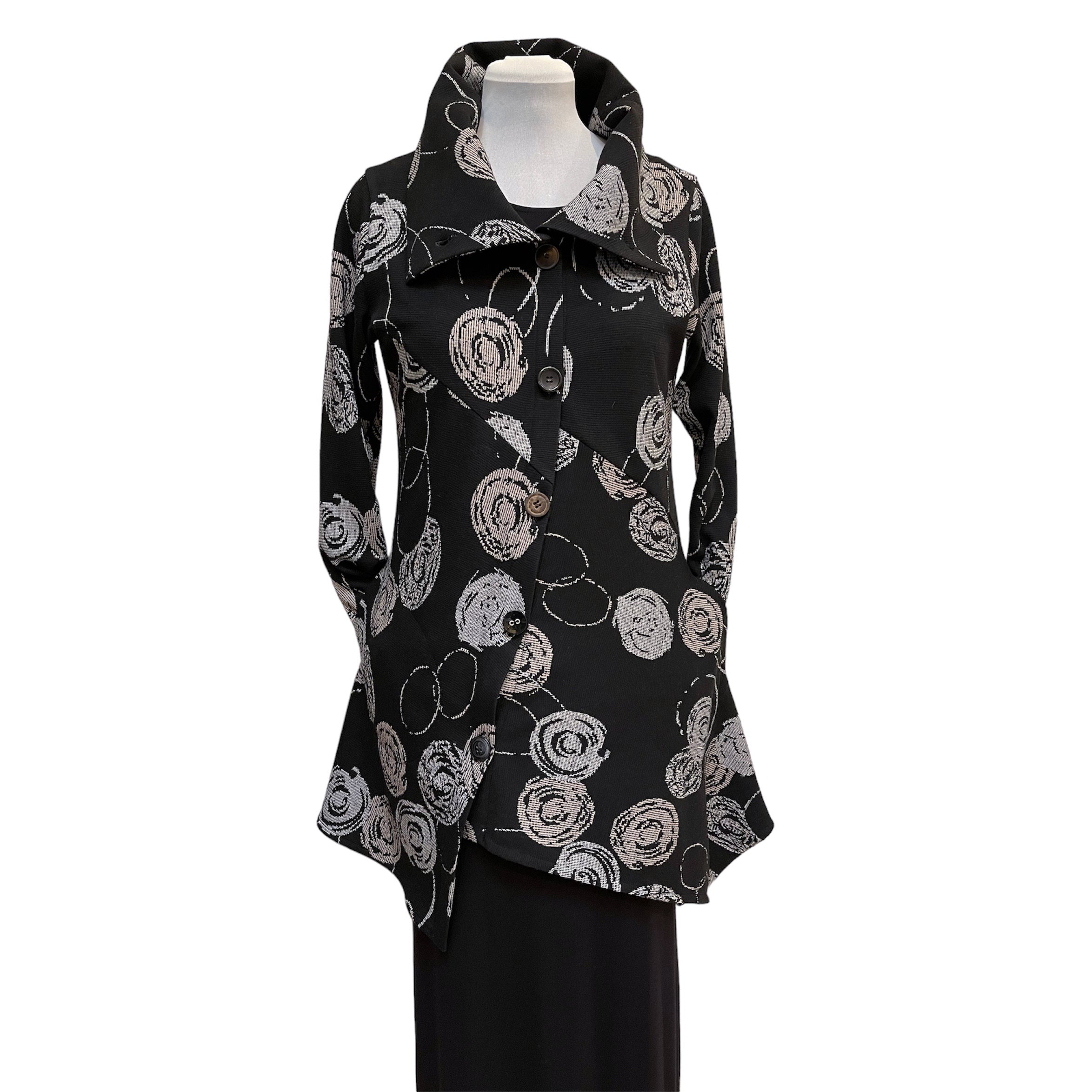 Black Grey Asymmetrical Knit Jacket with Vintage Buttons